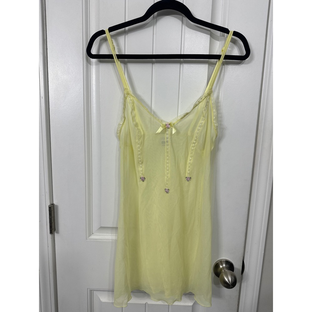 Intimissimi Yellow Sheer Mesh Lace Trim Chemise Nightgown Floral Embroidery Med